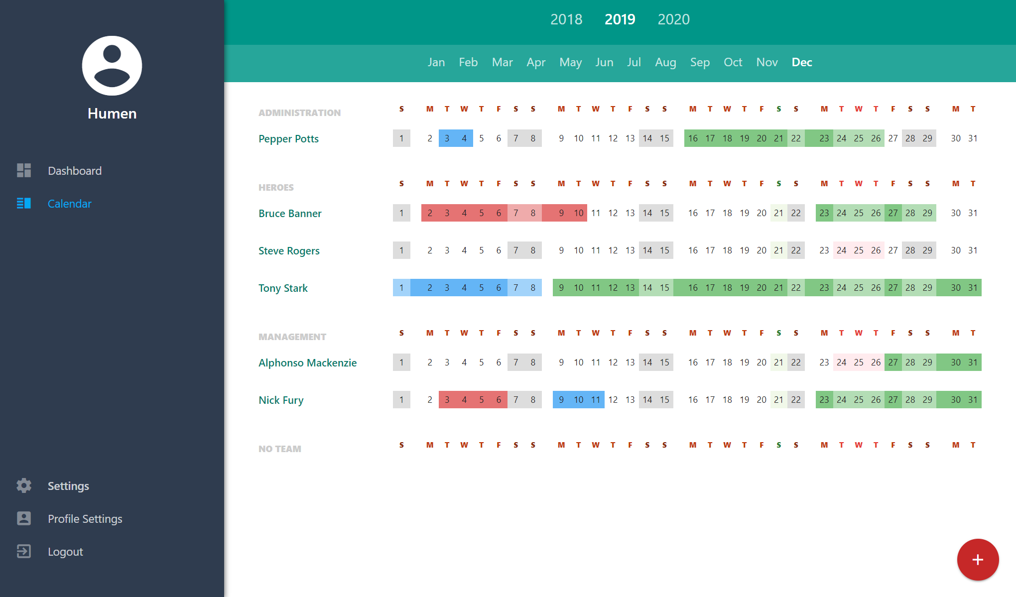 Humen Free Online Staff Holiday Planner